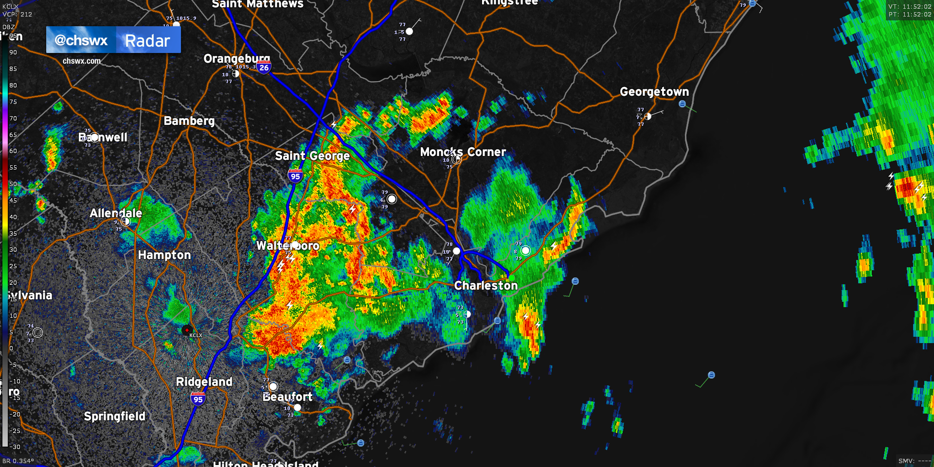 7:52 AM radar image from KCLX (Charleston, SC)