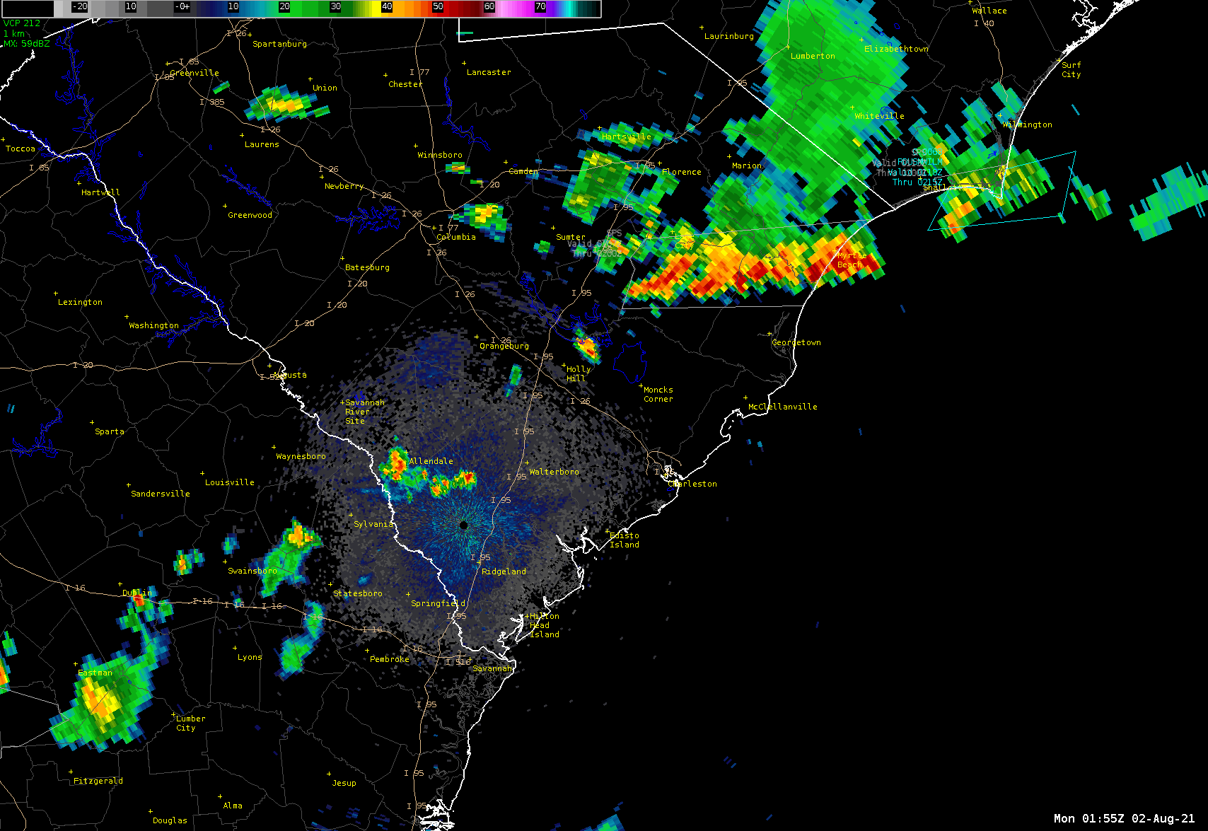KCLX radar depicting showers and thunderstorms propagating southward.