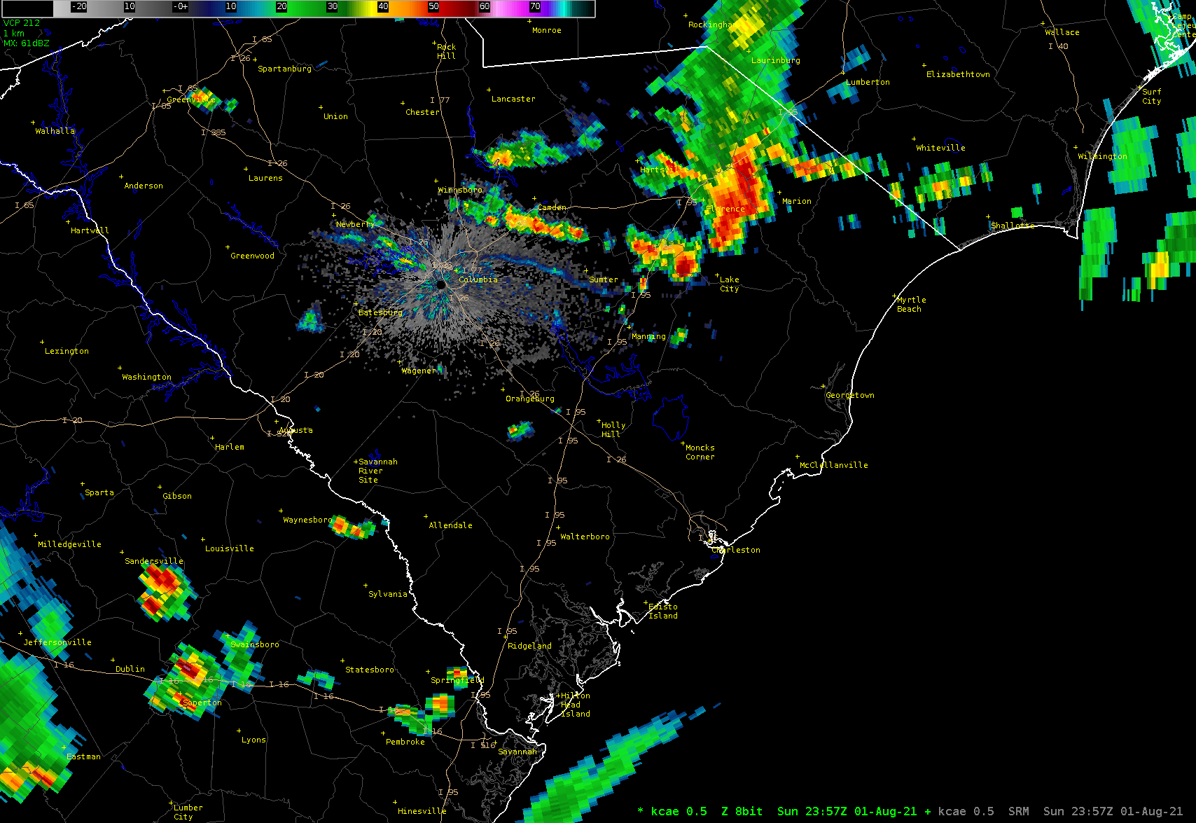 Radar loop depicting a southward-moving outflow boundary initiating additional thunderstorms across the Midlands of South Carolina.