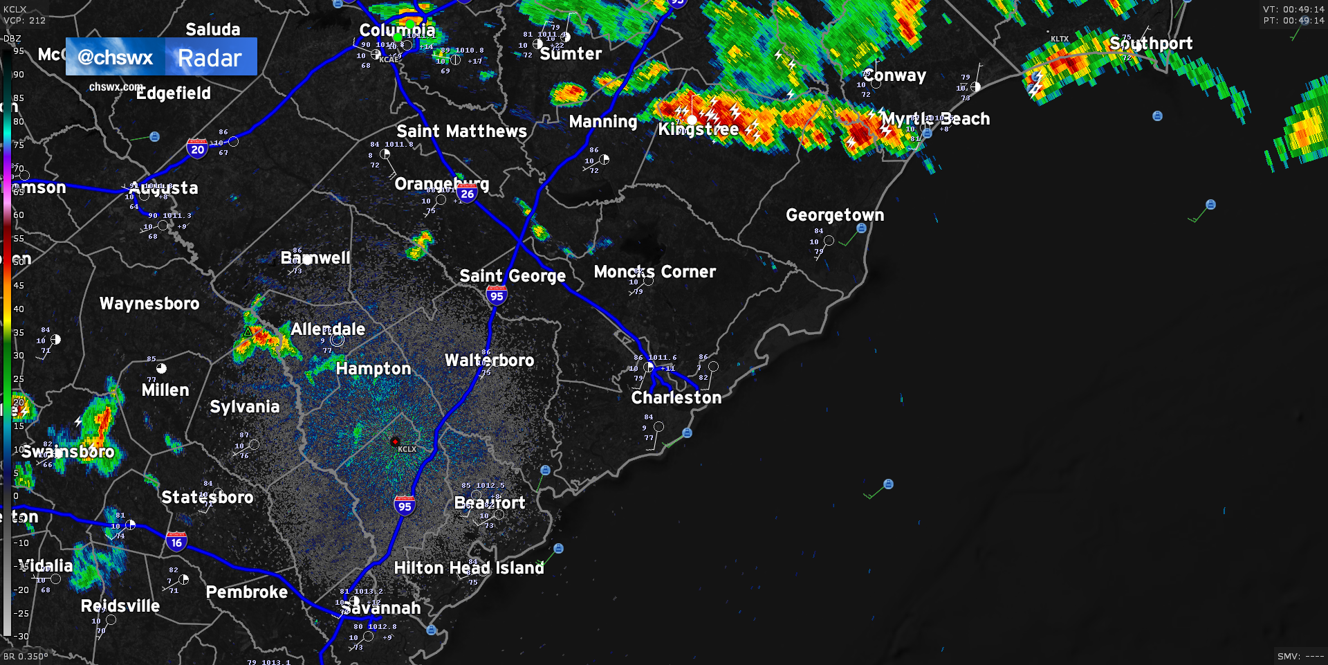 Radar snapshot at 8:49 PM on August 1, 2021, depicting thunderstorms developing from Kingstree to Myrtle Beach with scattered showers and thunderstorms elsewhere across South Carolina and Southeast Georgia.
