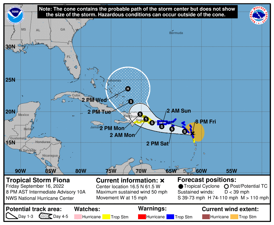 8PM intermediate advisory 10A on Tropical Storm Fiona from the National Hurricane Center. Center location: 16.5 N, 61.5 W. Maximum sustained winds at 50 MPH. Movement is west at 15 MPH.