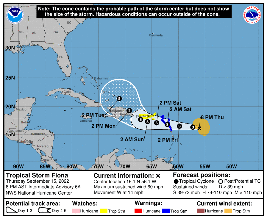 Advisory 6A and track map for Tropical Storm Fiona, issued Thursday September 15, 2022 8 PM AST by the National Hurricane Center. Center location: 16.1 N 56.1 W; maximum sustained wind: 60 mph; movement W at 14 mph. Fiona is forecast to reach the eastern Bahamas by Tuesday afternoon.