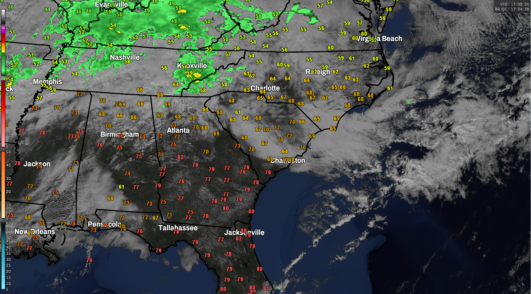 Satellite/radar composite across the Southeast showing cloud cover over the Charleston metro area with rain to the north.