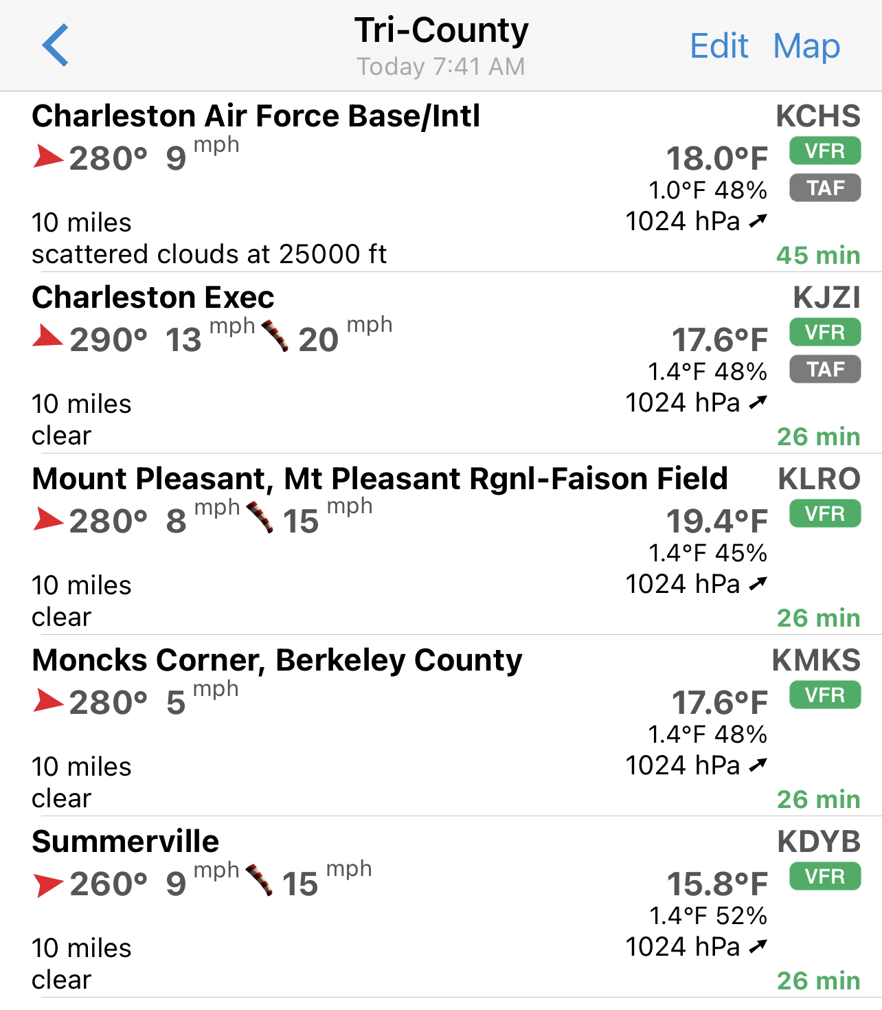 Temperatures: N. Chas 18°, Charleston Exec (Johns Island) 17.6°, Mt. Pleasant 19.4°, Moncks Corner 17.6°, Summerville 15.8°