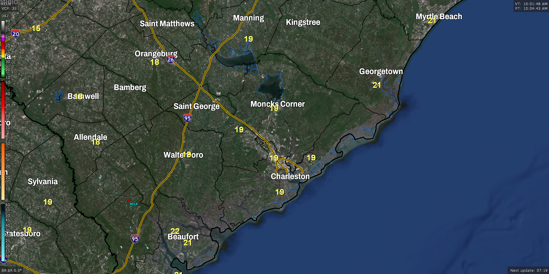 Charleston metro temperatures: 19° at all stations (CHS Airport, Johns Island, Mt. Pleasant, Summerville, Moncks Corner)