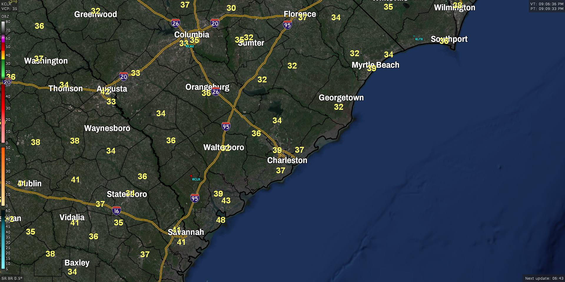 Radar and temperatures across the area. Temperatures in the mid-to-upper 30s across the Charleston metro.