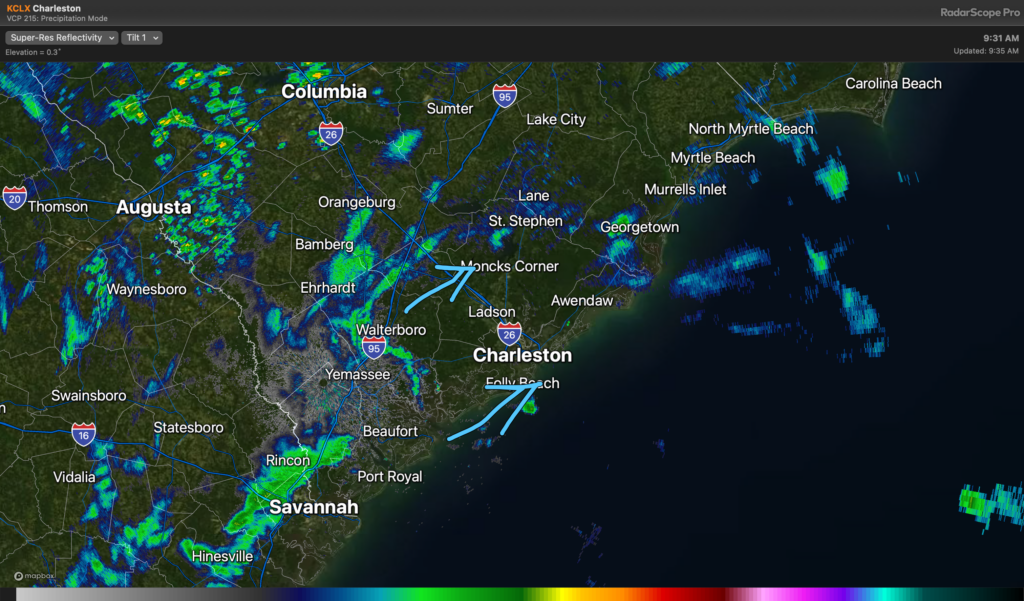 Radar image depicting showers moving northeast across the Charleston, SC metro area.