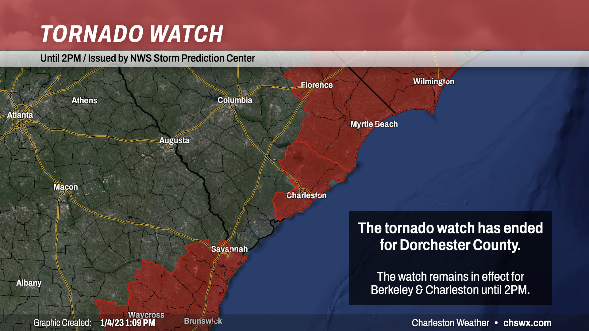 Tornado watch map showing the watch is canceled for Dorchester County, but continues for Berkeley and Charleston until 2PM.