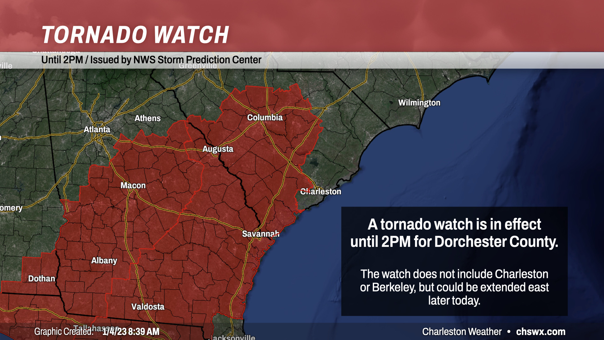 Map depicting a Tornado Watch in effect until 2PM, which includes Dorchester County.