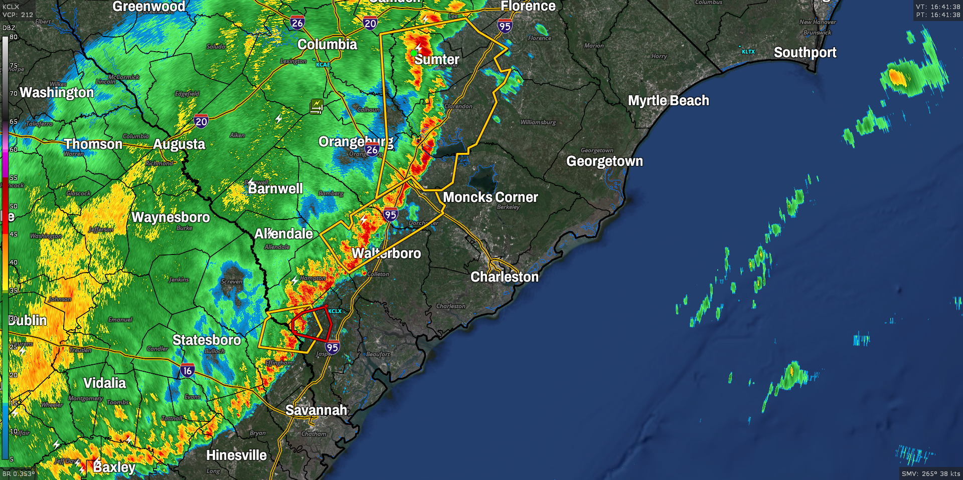 KCLX radar image depicting a line of showers and thunderstorms moving into the Charleston Tri-County region.