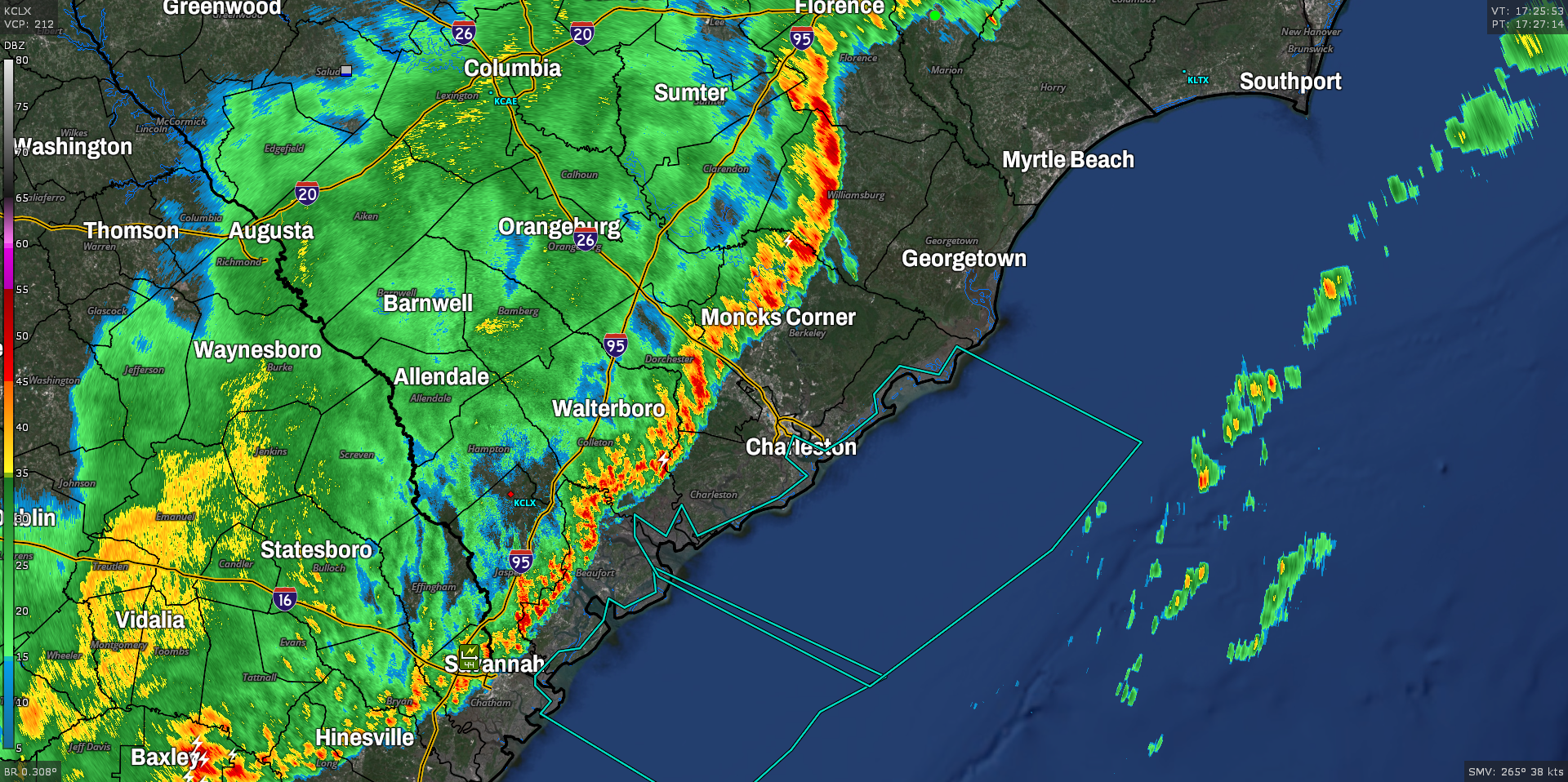 12:30 PM radar depicting a line of thunderstorms moving through the Charleston, SC Tri-County area.