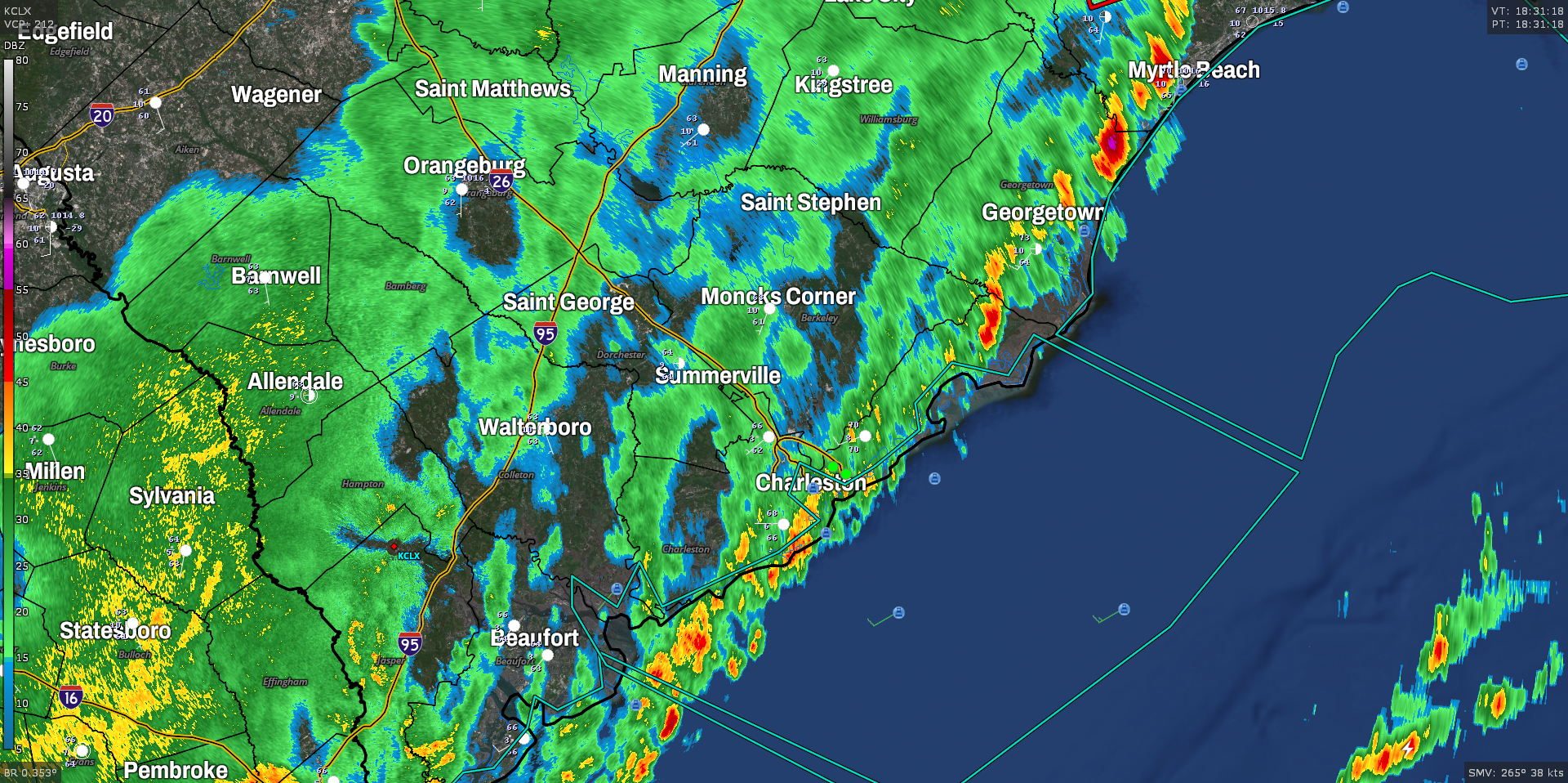 Radar showing a broken line of storms and stratiform rain blanketing the Charleston, SC metro area.