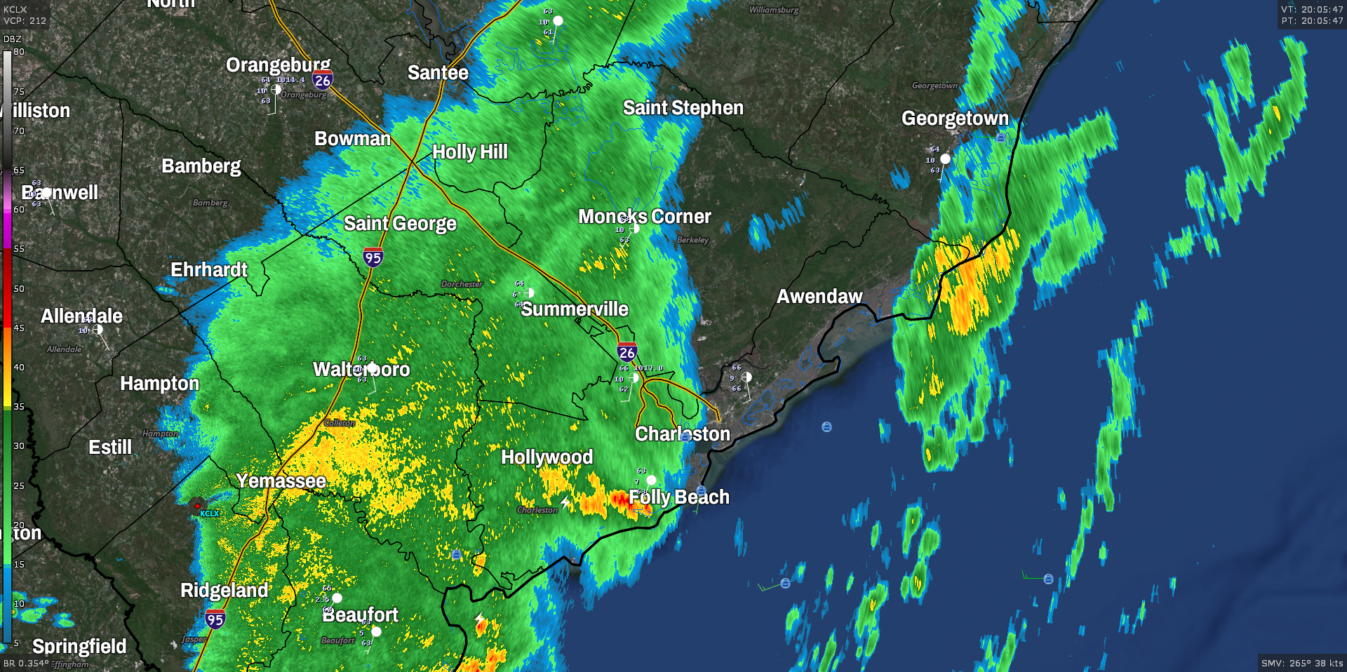 Radar depicting a batch of heavy rain moving back into the Charleston, SC tri-county area from the west.