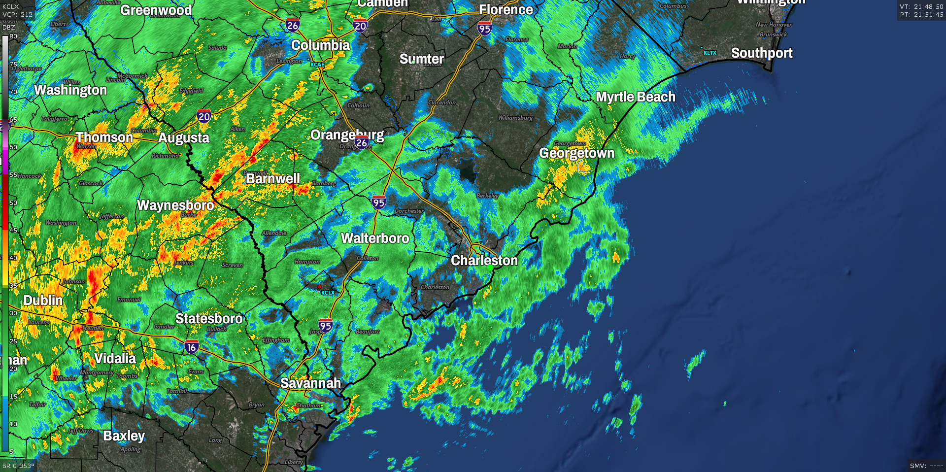 Radar image depicting heavy rain moving into South Carolina.