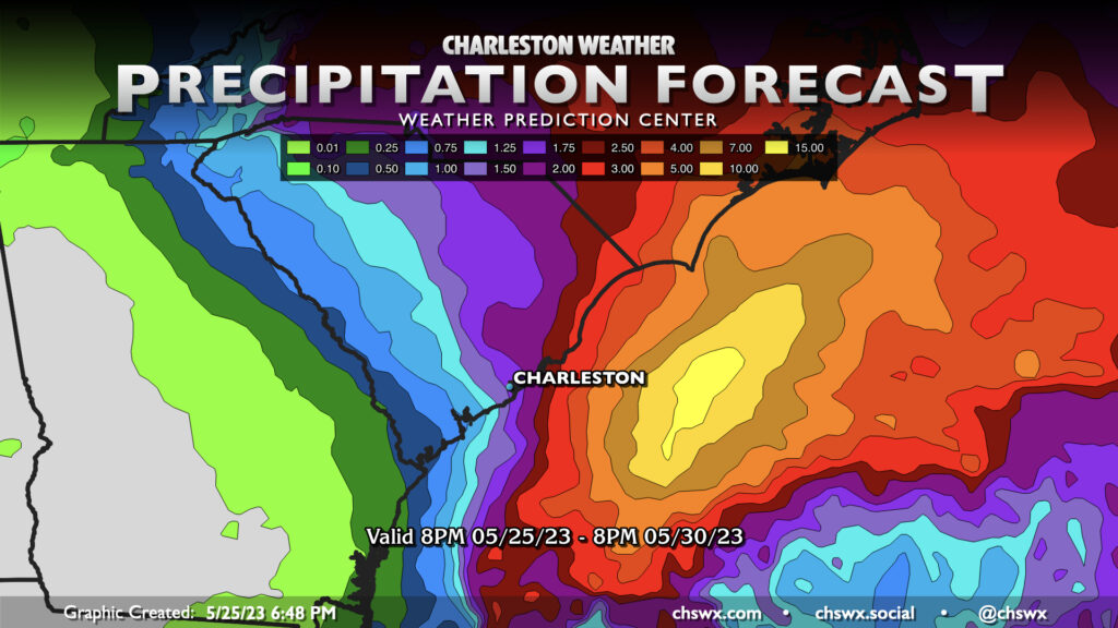 Precipitation forecast from the Weather Prediction Center depicting a range of about 1-2" of rain across the Tri-County area.