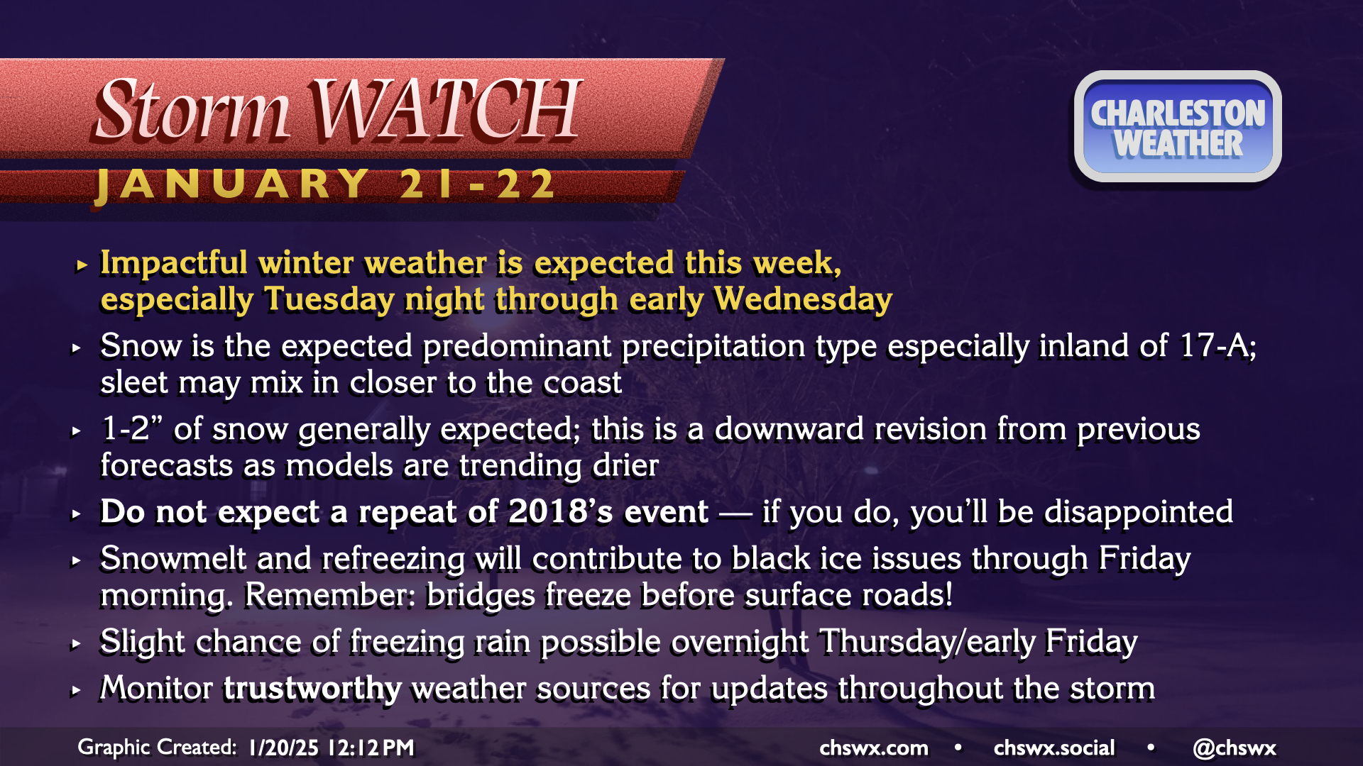 Impactful winter weather is expected this week,  especially Tuesday night through early Wednesday.
Snow is the expected predominant precipitation type especially inland of 17-A; sleet may mix in closer to the coast.
1-2” of snow generally expected; this is a downward revision from previous forecasts as models are trending drier.
Do not expect a repeat of 2018’s event — if you do, you’ll be disappointed!
Snowmelt and refreezing will contribute to black ice issues through Friday morning. Remember: bridges freeze before surface roads!
Slight chance of freezing rain possible overnight Thursday/early Friday.
Monitor trustworthy weather sources for updates throughout the storm.